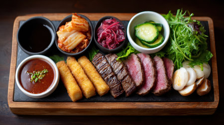 A visually stunning gourmet platter showcases grilled beef, assorted vegetables, and various condiments, perfect for a dining experience full of flavor.の素材