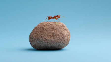 A solitary ant stands atop a smooth stone, showcasing intricate details against a vibrant light blue backdrop, perfect for nature and macro photography enthusiasts.の素材