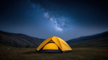A vibrant yellow tent stands out against a breathtaking starry backdrop, showcasing the Milky Way in a tranquil nature setting. Perfect for outdoor and camping enthusiasts.の素材