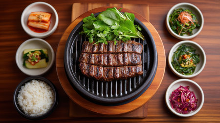 A mouthwatering display of grilled steak accompanied by vibrant fresh vegetables and traditional Asian side dishes, creating an inviting dining experience.の素材
