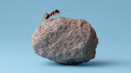 This striking image features an ant climbing on a stone, highlighting the intricate details of nature. The soft blue background adds depth, showcasing this simple yet captivating scene.の素材