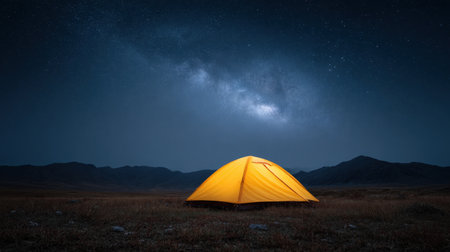 A vivid yellow tent stands out against a dark night sky filled with stars and the stunning Milky Way, set in a serene mountainous landscape.の素材