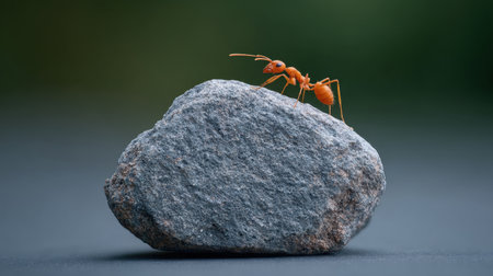 This macro photograph features a vibrant orange ant climbing on a gray stone, set against a softly blurred green background. The image showcases intricate details of the insect and the texture of the rock.の素材