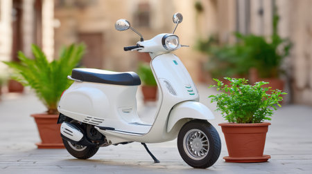 A classic white scooter is elegantly parked on a picturesque European street, surrounded by lush green plants in pots, exuding a sense of tranquility and charm.の素材