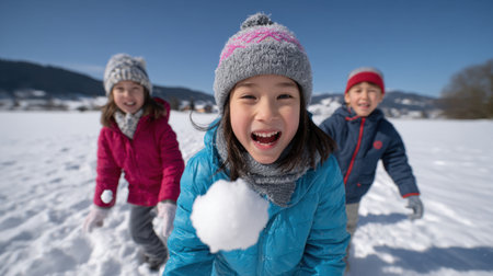 A vibrant scene of three children enjoying a playful snowball fight in a snowy landscape, showcasing laughter and joy during winter activities outdoors.の素材