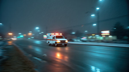 An ambulance speeds down a wet urban street during a snowy night, with flashing lights reflecting off the pavement, highlighting a winter emergency response scene.の素材