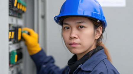A dedicated female technician is seen working meticulously on electrical equipment in an industrial environment, showcasing her expertise and focus.の素材