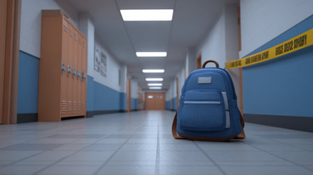 A blue backpack sits alone in a school hallway, capturing the stillness and nostalgia of student life. The empty corridor and lockers enhance a sense of pause and reflection.の素材