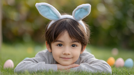 A joyful child rests on the grass wearing cute bunny ears with a gentle smile, surrounded by colorful Easter eggs, embodying the spirit of spring celebrations.の素材