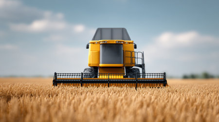 A modern agricultural machine is showcased in a vibrant wheat field under a clear blue sky, representing efficiency in farming and harvest technology.の素材