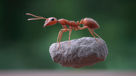 A remarkable close-up of an ant effortlessly carrying a stone, demonstrating the incredible strength and determination found in nature's smallest creatures.の素材