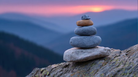 An arrangement of stacked stones sits proudly against a backdrop of soft mountains at sunset, evoking feelings of tranquility and balance in nature.の素材