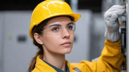 A young woman in a yellow safety helmet and glasses focuses intently on inspecting electrical equipment, showcasing her commitment to safety and professionalism in an industrial workplace.の素材