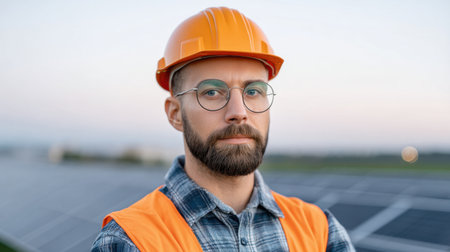 A professional male worker wearing an orange safety helmet and glasses stands confidently at a solar farm, showcasing renewable energy commitment.の素材