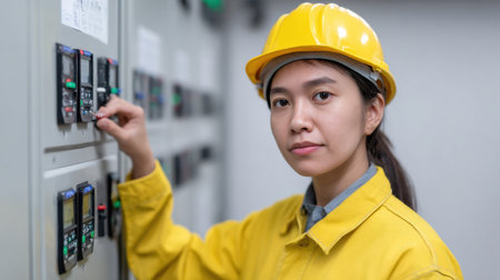 A woman engineer dressed in a yellow jacket and hard hat interacts with a control panel in an industrial power plant, showcasing her professional skills.の素材