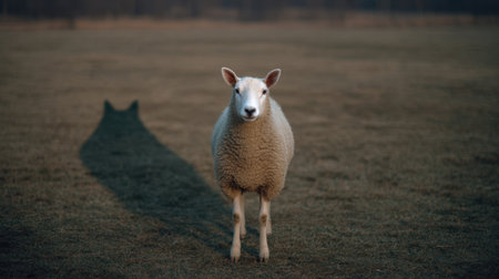 A single sheep stands confidently in a lush green field, casting a long shadow on the ground, showcasing its fluffy coat and serene presence.の素材