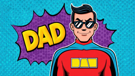 This vibrant comic style illustration features a superhero dad wearing sunglasses and a striking costume, perfect for celebrating fatherhood in a fun way.の素材