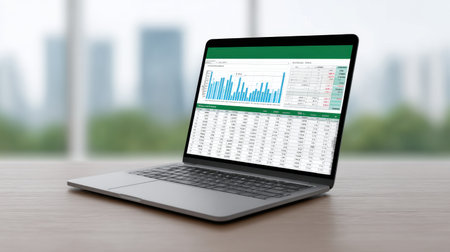 A sleek laptop rests on a wooden desk, showcasing an intricate data analysis with informative charts and tables in a bright office environment.の素材