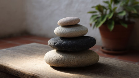 A serene arrangement of stacked stones in a natural setting, reflecting harmony and tranquility. Soft light enhances textured surfaces, ideal for decor.の素材