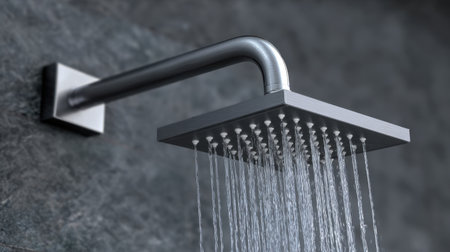 A sleek and contemporary shower head features a cascading flow of water, making it an ideal focal point for modern bathroom design and inspiration.の素材