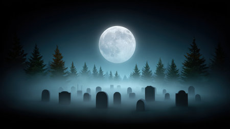 An enchanting graveyard scene shrouded in fog with tombstones silhouetted against a bright full moon, surrounded by tall pine trees, evoking a mystical atmosphere.の素材