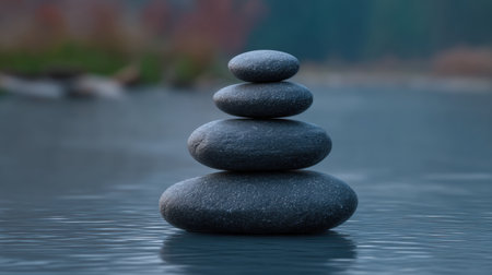 A visually calming scene featuring carefully stacked smooth stones perched on water, creating a peaceful atmosphere ideal for relaxation and meditation.の素材