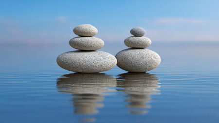 A serene composition of balanced zen stones on a reflective water surface, evoking tranquility and harmony in a peaceful natural setting.の素材