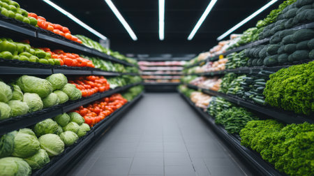 Bright and organized supermarket produce aisle showcasing a variety of fresh vegetables and colorful fruits, promoting healthy eating and vibrant nutrition.の素材