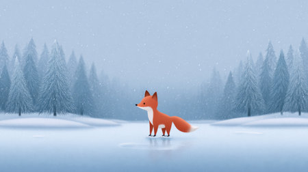 A delightful cartoon fox stands gracefully on a frozen surface amidst a snowy landscape, with soft flakes falling and serene pine trees in the background.の素材