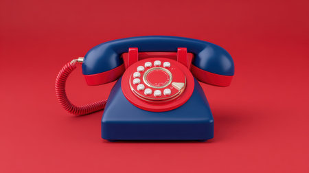 Brightly colored retro rotary phone set against a solid background, evoking nostalgia and classic design elements, perfect for vintage themes.の素材