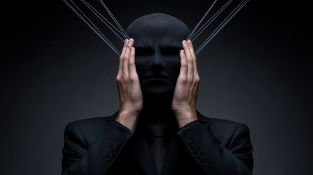 This striking image conveys deep emotional turmoil through a figure in a suit and mask, suggesting themes of identity and internal conflict in a dramatic setting.の素材