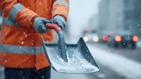 A worker in an orange safety jacket holds a shovel filled with snow, engaged in winter maintenance on a snowy urban street.の素材