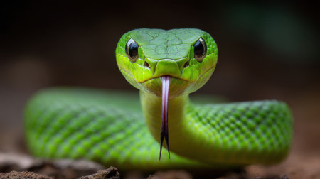 This striking close-up showcases a vibrant green snake in its natural habitat, with its tongue flicking out, revealing the intricate details and beauty of this reptile.の素材