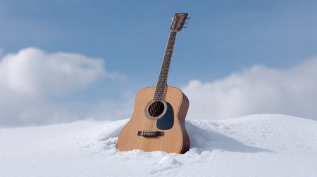 This stunning image features an acoustic guitar gently placed in a snowy landscape, showcasing winter's serene beauty under a clear blue sky.の素材