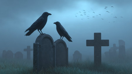 Atmospheric scene featuring two ravens perched on weathered tombstones in a foggy graveyard during dusk, evoking feelings of mystery and solitude.の素材