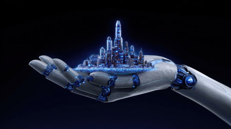 This striking image features a futuristic city model delicately held in a robotic hand, symbolizing the fusion of advanced technology and innovation. The glowing blue structures against the dark background create a captivating and imaginative scene that reflects future possibilities.の素材