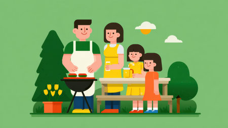 A lively depiction of a family enjoying a summer barbecue outdoors, showcasing joy, unity, and relaxation in a colorful setting with food and drinks.の素材