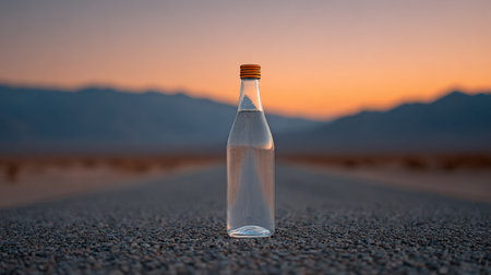 A clear glass bottle filled with water stands alone on a deserted road at sunrise, showcasing a breathtaking mountain backdrop and tranquil beauty.の素材
