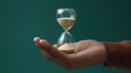 An hourglass held delicately in a hand with sand gracefully flowing between its glass chambers, representing the significance of time and patience.の素材