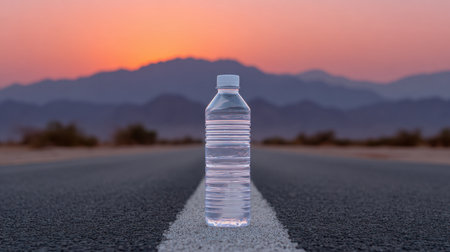 A clear bottle of water stands prominently on a deserted road, framed by a stunning sunset over distant mountains, symbolizing refreshment and adventure.の素材