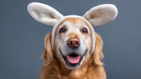This charming image showcases a golden retriever wearing fluffy bunny ears, radiating joy and playfulness while posing against a gray backdrop.の素材