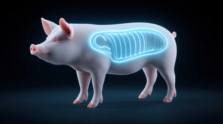 This 3D illustration of a pig showcases a neon outline that highlights the anatomy and meat cuts, set against a dark background for visual impact.の素材