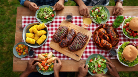 A vibrant outdoor barbecue scene showcasing delicious grilled meats and fresh salads on a picnic table, perfect for summer celebrations and family gatherings.の素材