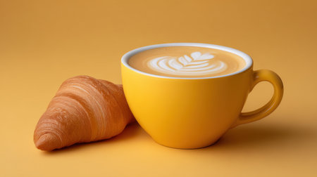 This beautifully styled image features a freshly brewed coffee with intricate latte art paired with a golden croissant, all set against a vibrant yellow background. Perfect for breakfast or brunch themes.の素材