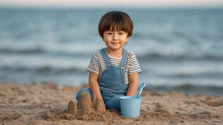 An adorable child enjoys a sunny day at the beach, sitting on sand while building sandcastles with a blue bucket and shovel, radiating joy.の素材