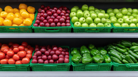 A vibrant display of fresh fruits and vegetables in baskets on grocery store shelves, showcasing health, variety, and seasonal produce for shoppers.の素材