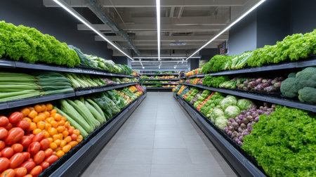 A vibrant vegetable aisle in a contemporary grocery store showcases a wide variety of fresh produce. This colorful selection emphasizes healthy eating and convenience.の素材
