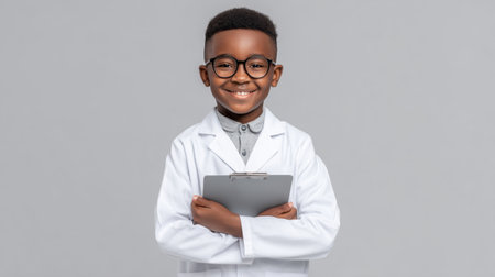 Cheerful young boy wearing a lab coat and glasses stands confidently with a clipboard, embodying dreams of scientific exploration and success.の素材