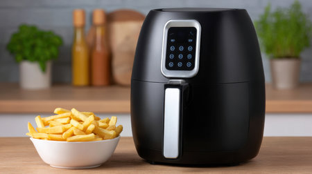 A sleek black air fryer sits elegantly on a wooden countertop next to a bowl of crispy golden French fries, showcasing a modern approach to healthier cooking.の素材