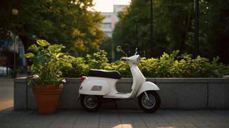 A vintage white scooter rests beside lush green plants in an urban environment, bathed in golden hour light, capturing a serene and nostalgic moment.の素材